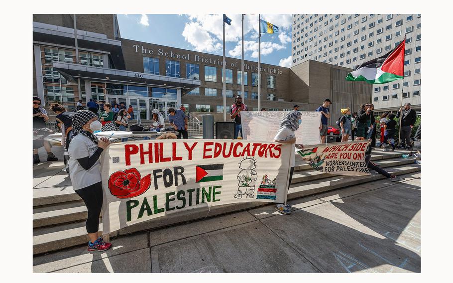 The Philly Educators for Palestine, demonstrate outside Philadelphia School District headquarters during a May protest.