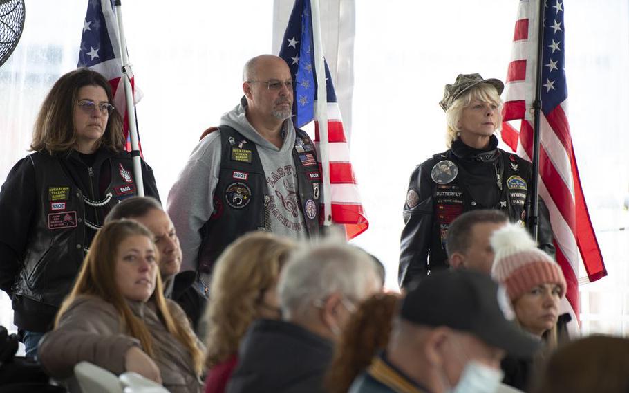 Members of Warriors’ Watch Riders (a vaterans support organization) at Pearl Harbor Day Commemoration ceremony, which took place on board the Battleship New Jersey. At right is Lisa Marie Brunner, of South Hampton, who is also an American Gold Star Mom of EN-3 Benjamin Allen, who was an engineman  aboard the USS Pearl Harbor in San Diego. After the ceremony she said, “I’m here to honor my son and all his shipmates that are still aboard. ... My son passed in 2019 and all of his crewmates, his shipmates, his captains, were so gracious to me when everything happened. Memorialize this day and remember the young men and women who are still serving.”