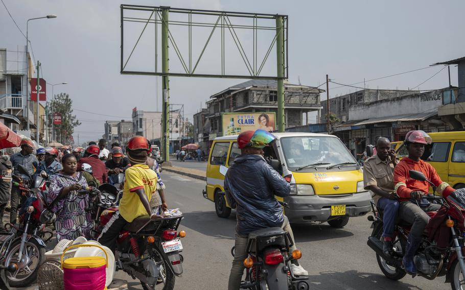 Moto taxis wait for customers in downtown Goma, Democratic Republic of Congo, Thursday, Feb. 27, 2025, one month after Rwanda-backed M23 rebels captured the city. 