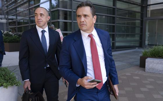 Former President Donald Trump attorneys Emil Bove, left, and Todd Blanche leave the U.S. Federal Courthouse, after a hearing, Thursday, Sep. 5, 2024, in Washington. A judge is hearing arguments about potential next steps in the federal election subversion prosecution of Donald Trump in the first hearing since the Supreme Court narrowed the case by ruling that former presidents are entitled to broad immunity from criminal charges. (AP Photo/Jose Luis Magana)