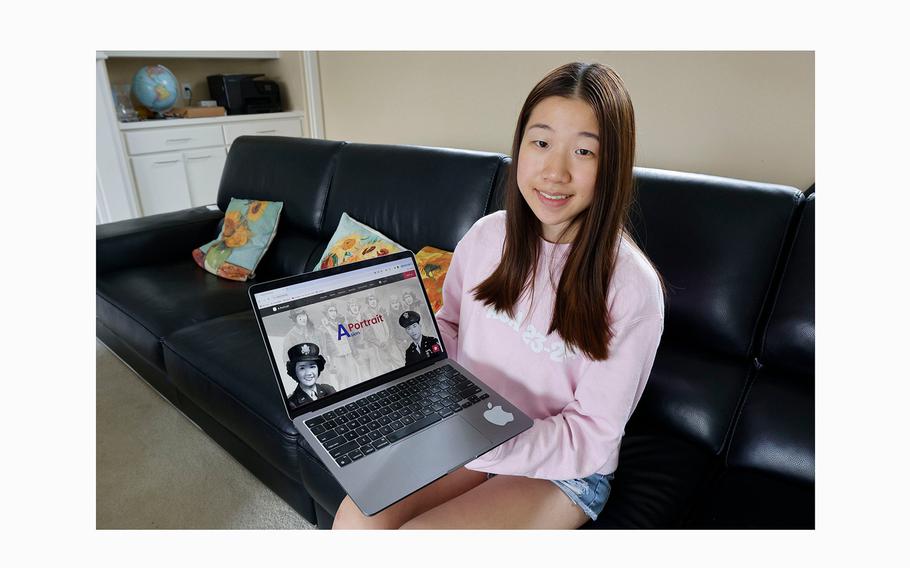 Melody Tian, 17, senior at The Hockaday School, shows her website which is her project, “A-Portrait,” in her house, Friday, March 29, 2024, in Plano. Tian created portraits of important Asian American figures in U.S. history.