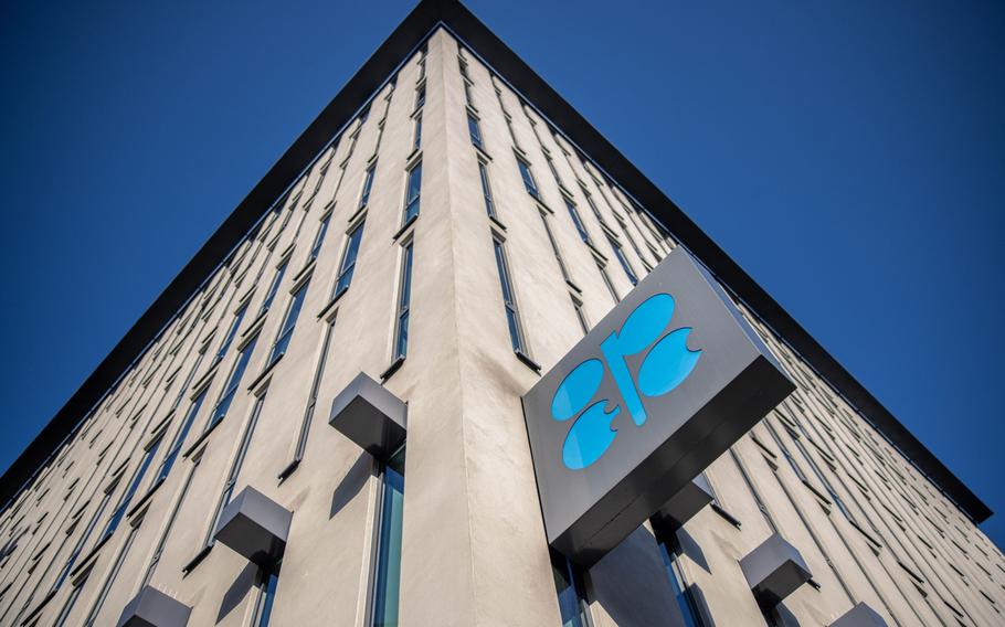 The logo of the Organization of Petroleum Exporting Countries (OPEC) on a sign at at the OPEC headquarters in Vienna on Aug. 17, 2022. 