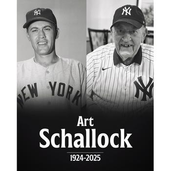 A Facebook post from Major League Baseball that says Art Schallock 1924-2025 and shows two photos, one as Yankees player from the 1950s, and one with a Yankees cap and jersey from his later years.