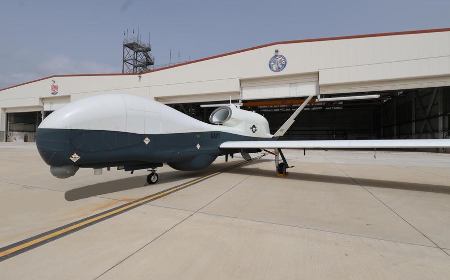 An MQ-4C sits on the tarmac at NAS Sigonella, Italy, on May 20, 2024. The aircraft's arrival to the 6th Fleet area of operations marked the second forward-deployed detachment for the VUP-19 squadron.
