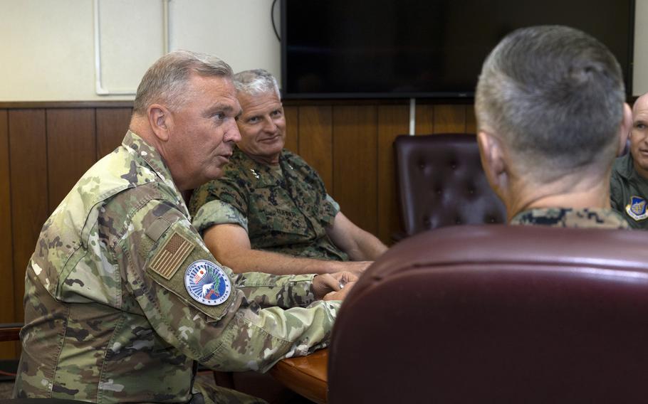 Air Force Lt. Gen. Ricky Rupp, commander of U.S. Forces Japan, meets with senior leaders at Camp Foster, Okinawa, July 25, 2024.