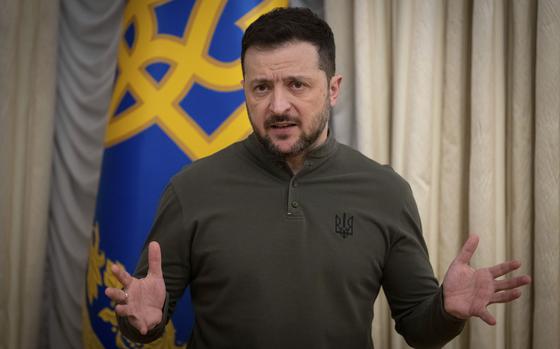 Ukrainian President Volodymyr Zelenskyy speaks during the briefing with President of the European Investment Bank Nadia Calvino in Kyiv, Ukraine, Monday, Feb. 10, 2025. (AP Photo/Efrem Lukatsky)