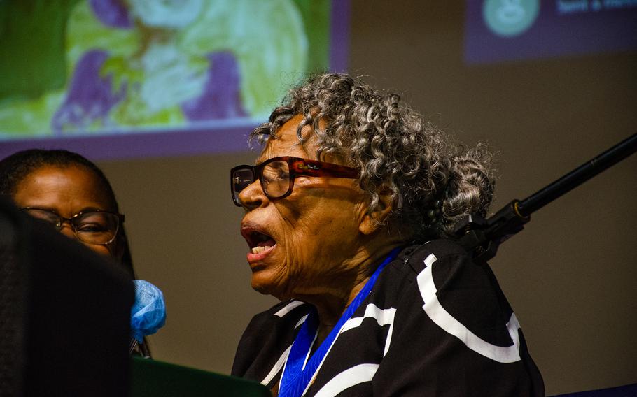 Opal Lee, the "grandmother of Juneteenth," tells her story to middle-school students at Yokosuka Naval Base, Japan, May 20, 2024.