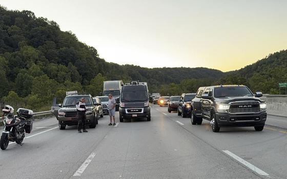 This image released by the Mount Vernon Fire Department shows traffic stopped during an active shooting on Interstate 75 north of London, Ky., Saturday, Sept. 7, 2024.