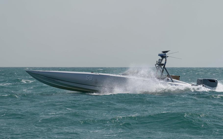 A MARTAC T-38 Devil Ray unmanned surface vehicle, operates in the Persian Gulf in October 2023. Chief of Naval Operations Adm. Lisa Franchetti remarked on the importance of unmanned craft in the area during a visit to Naval Support Activity Bahrain June 4, 2024.