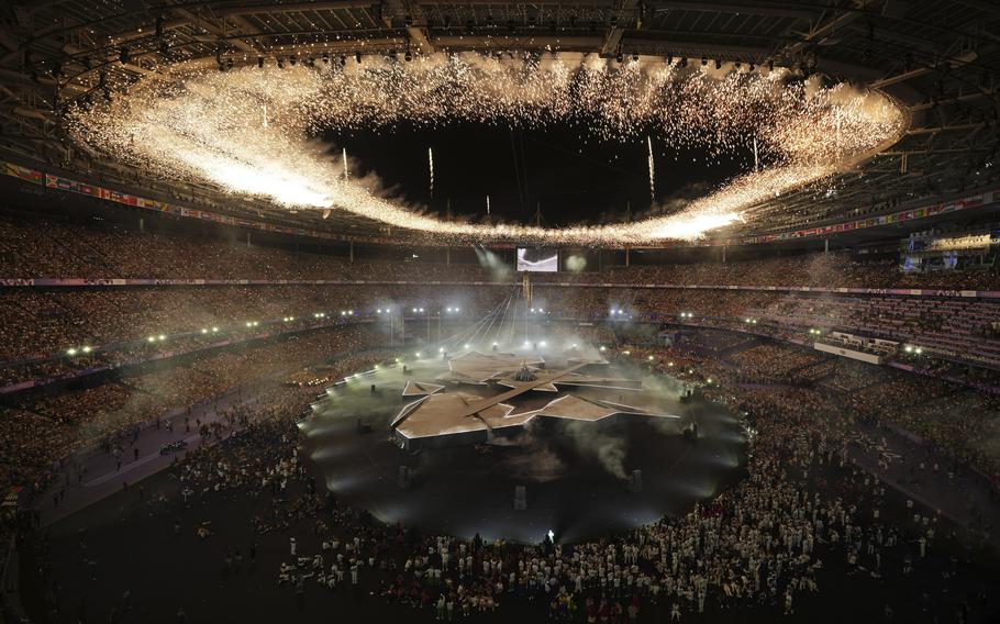 Fireworks ignite during the 2024 Summer Olympics closing ceremony at the Stade de France, Sunday, Aug. 11, 2024, in Saint-Denis, France.