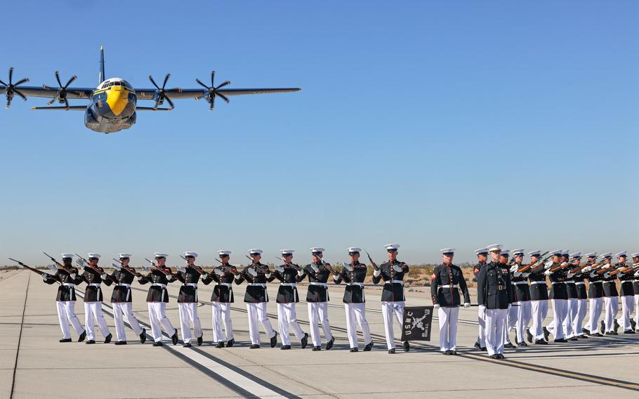 U.S. Marines with the Silent Drill Platoon execute a drill sequence