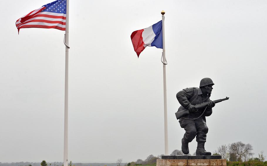 A newer monument on the road between Utah Beach and Sainte-Marie-du-Mont is, as its plaque says, dedicated to those who led the way on D-Day, and depicts Maj. Richard Winters, commander of “Easy” Company — the “Band of Brothers.” A marker dedicated to Company E is nearby.