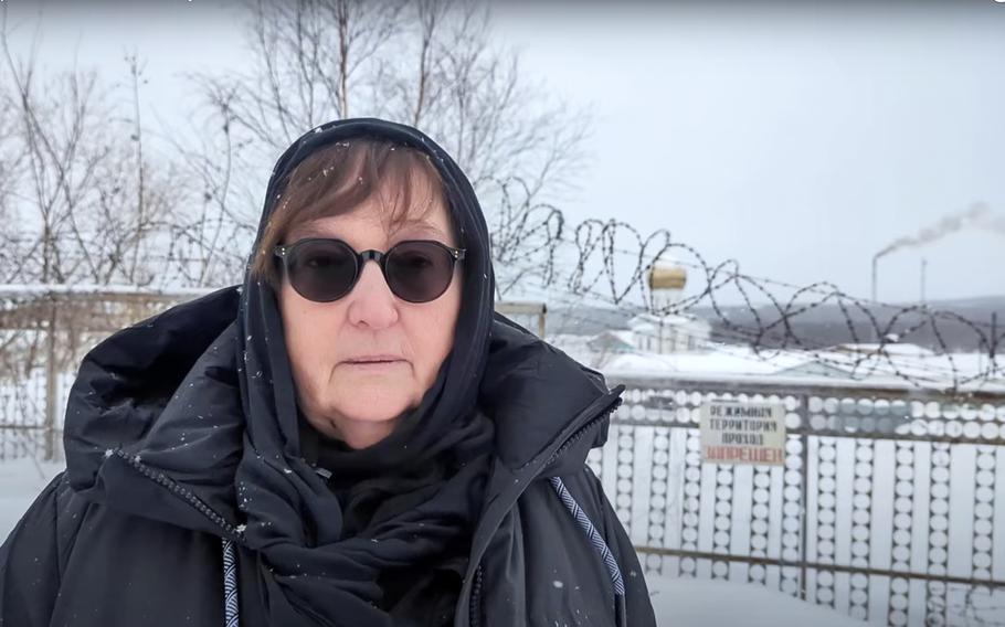 Russian Opposition Leader Alexei Navalny’s mother Lyudmila Navalnaya speaks near the prison colony in the town of Kharp, Russia. 