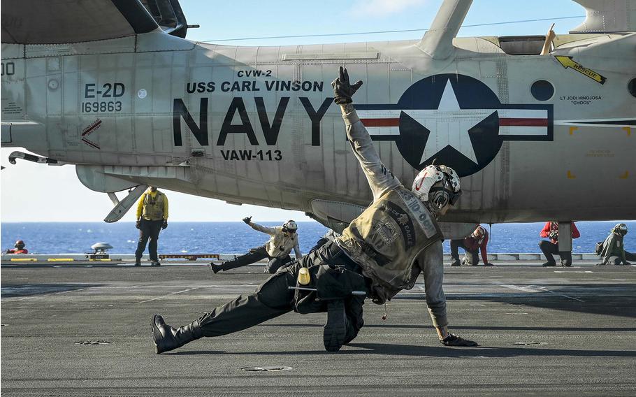 A U.S. Navy E-2D Advanced Hawkeye launches from the USS Carl Vinson during RIMPAC exercises in Hawaii on July 15, 2024.