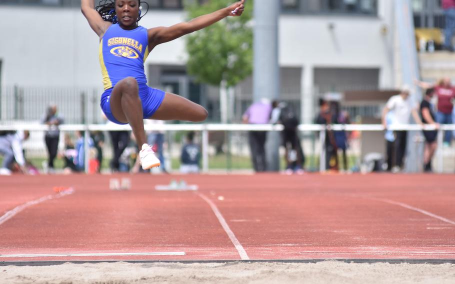 Sigonella junior Rickalia Goss soared 16 feet, 11 inches to win the girls’ long jump at the DODEA-Europe track and field championships in Kaiserslautern, Germany, on Thursday, May 23, 2024.