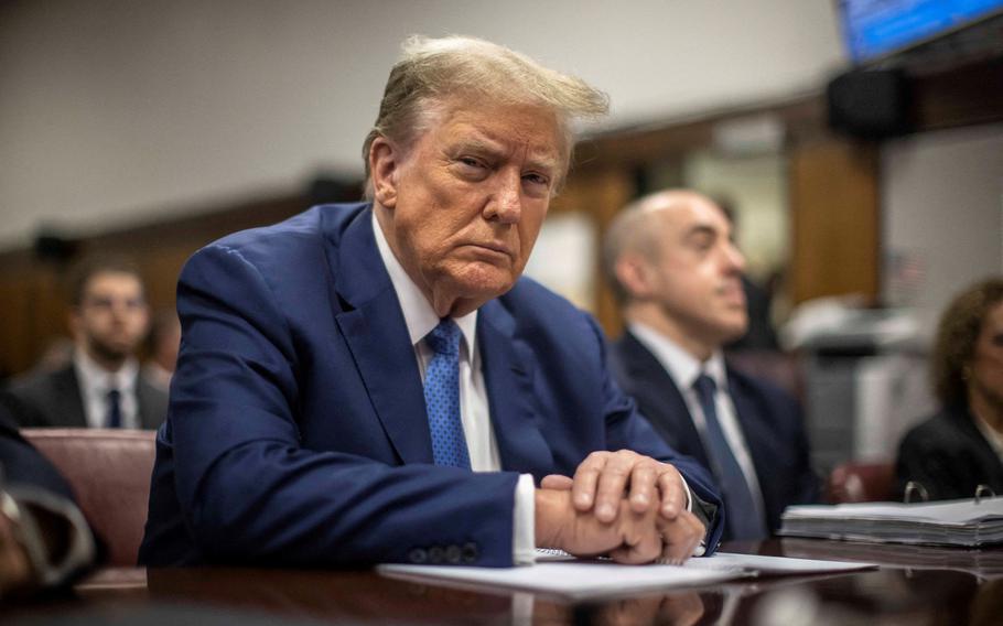 Former President Donald Trump sits in Manhattan Criminal Court in New York on Monday, May 20, 2024. 