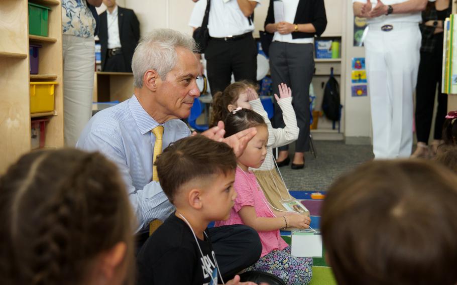 U.S. Ambassador to Japan Rahm Emanuel sings "If You're Happy and You Know It" with students at Yokosuka Primary School, Yokosuka Naval Base, Japan, on Sept. 4, 2024.