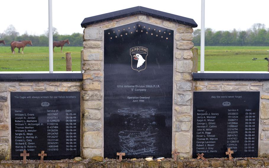 A memorial to Company E, 506th Parachute Infantry Regiment, 101st Airborne Division, the “Easy” Company in “Band of Brothers,” stands on a crossroads near Utah Beach.  