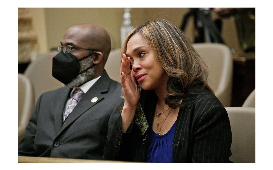 Marilyn Mosby wiped away tears on Dec. 15, 2022, as Baltimore City Council Vice President Sharon Green Middleton spoke in favor of a resolution to honor her for her eight years of service as state's attorney in Baltimore.