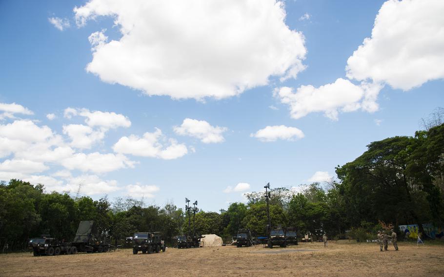 Equipment and vehicles, part of the Patriot air-defense system's minimum engagement package, are staged at Clark Air Base, Philippines, May 2, 2024.