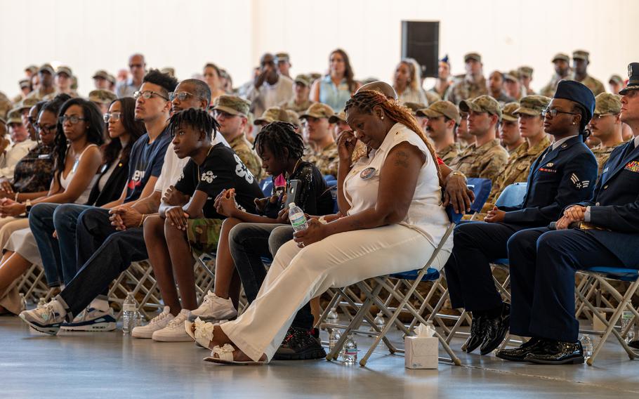Hundreds of friends, family and airmen gather for Senior Airman Roger Fortson’s funeral service at Hurlburt Field, Fla., May 20, 2024. Senior Airman Fortson was 23 years old when he was shot and killed in an Okaloosa County Sheriff’s Department deputy-involved shooting on May 3, 2024, at his off-base apartment. 