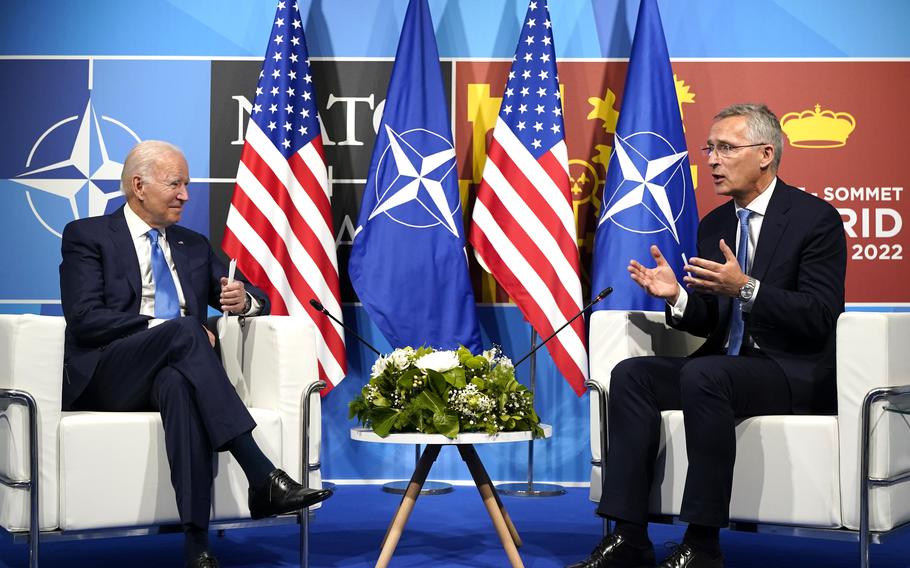 President Joe Biden, left, speaks with NATO Secretary General Jens Stoltenberg during a meeting at the NATO summit in Madrid, Spain on June 29, 2022. Biden is welcoming outgoing NATO Secretary-General Jens Stoltenberg to the White House on Monday, June 12, 2023, as the competition to find his successor to lead the military alliance heats up. Stoltenberg, who has led NATO since 2014 indicated earlier this year he would move on when his term expires at the end of September. 