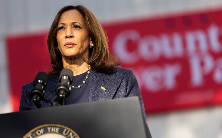 Vice President and Democratic presidential nominee Kamala Harris at a podium on Oct. 16, 2024.