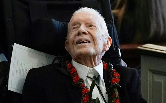 Former President Jimmy Carter departs after the funeral service for former first lady Rosalynn Carter at Maranatha Baptist Church, in Plains, Georgia, on Nov. 29, 2023. (Alex Brandon/Pool/AFP/Getty Images/TNS)