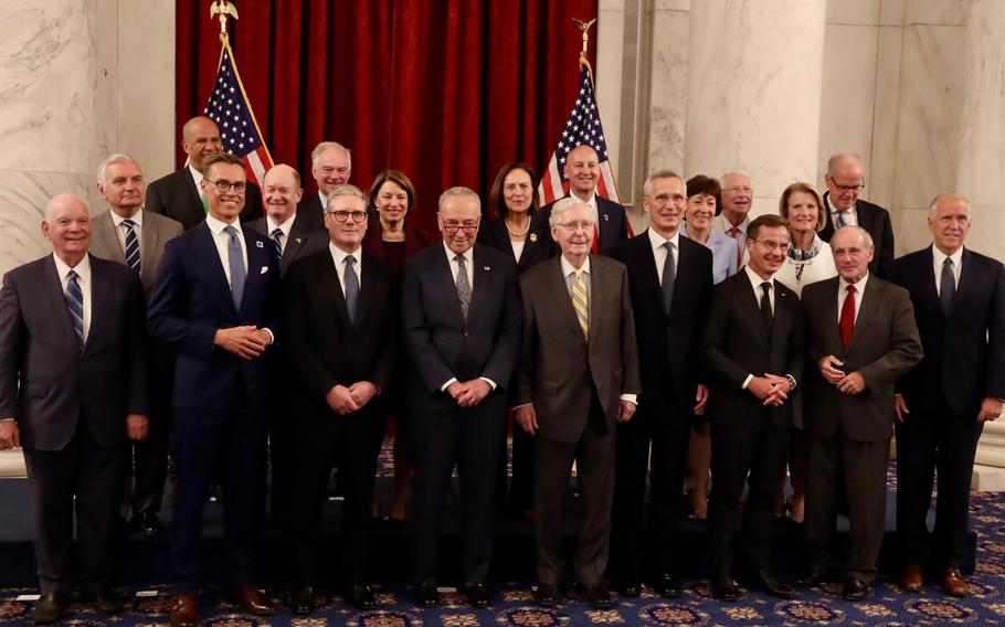 NATO Secretary General Jens Stoltenberg, leaders of NATO nations, and U.S. senators pose for a photo before a meeting Wednesday morning on Capitol Hill. Among the leaders present is Great Britain’s new prime minister, Keir Starmer, third from the left in the front row.