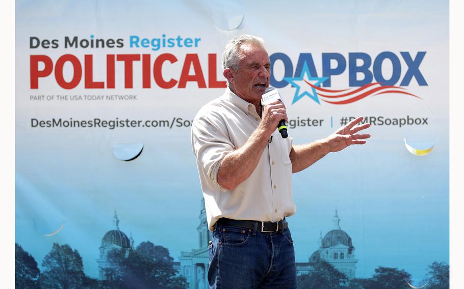 U.S. presidential candidate Robert F. Kennedy Jr. speaks at The Des Moines Register SoapBox during the Iowa State Fair on Aug. 12, 2023, in Des Moines, Iowa. 