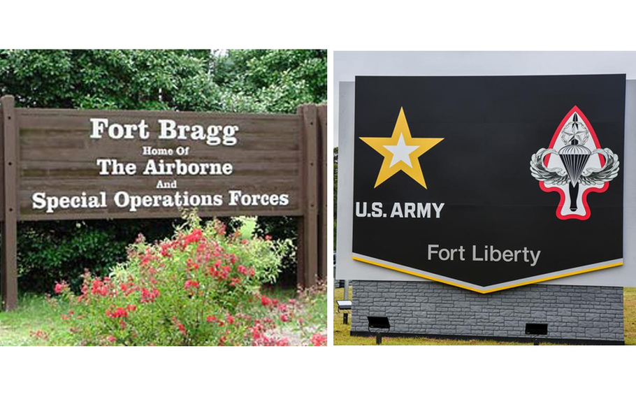 Entrance gate signs from Fort Bragg and Fort Liberty.