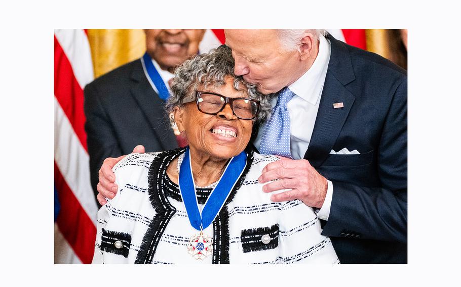 Opal Lee, who is known as the “Grandmother of Juneteenth” for her efforts to establish the federal holiday, basks in the moment after receiving the Presidential Medal of Freedom award from President Joe Biden during a ceremony at the White House on Friday, May 3, 2024.