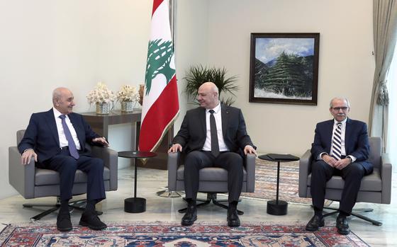 In this photo released by the Lebanese Presidency Press Office, Lebanese president Joseph Aoun, center, meets with Prime Minister-designate Nawaf Salam, right, and parliament speaker Nabih Berri, left, in Baabda, east of Beirut, Lebanon, Thursday, Feb. 6, 2025. (Lebanese Presidency press office via AP)