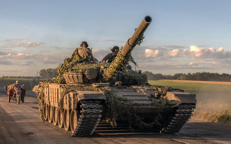 Ukrainian servicemen operate a Soviet-made T-72 tank in the Sumy region, near the border with Russia, on Aug. 12, 2024, amid the Russian invasion of Ukraine. Ukraine launched a surprise offensive into the Russian border region of Kursk on Aug. 6, 2024, capturing over two dozen towns and villages in the most significant cross-border attack on Russian soil since World War II. Ukraine's military chief Oleksandr Syrskyi told President Volodymyr Zelenskyy in a video posted on Aug. 12, 2024, that his troops now control about 1,000 square kilometers of Russian territory and are continuing "offensive operations."