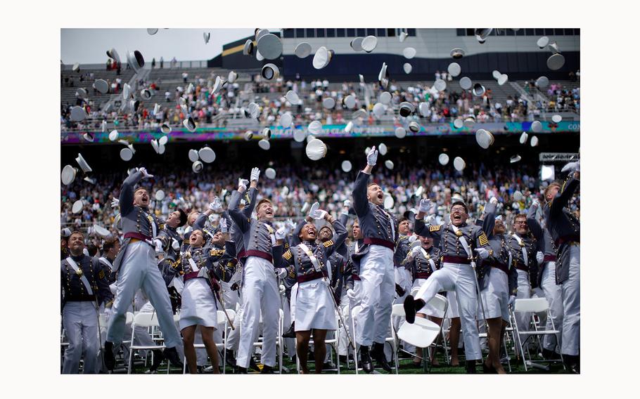 Graduating cadets celebrate during the United States Military Academy commencement in West Point, N.Y., May 25, 2024. 
