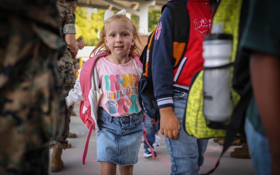 Students are greeted by U.S. Marines during a back-to-school celebration at the Crossroads Elementary School on Marine Corps Base Quantico, Va., Aug. 21, 2024. 