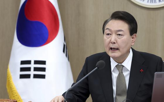 South Korean President Yoon Suk Yeol speaks during a cabinet council ...