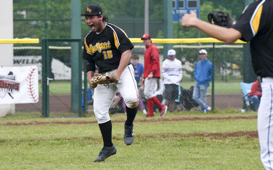 Stuttgart pitcher Ryan Santana bellows in celebration after an inning-ending strikeout during a back-and-forth 6-5 victory during the knockout rounds of the 2024 DODEA European baseball championships on May 23, 2024, at Southside Fitness Center on Ramstein Air Base, Germany.