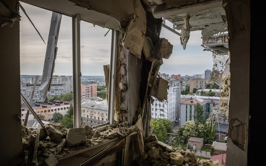 A heavily damaged residential building in Kharkiv’s city center in May. 