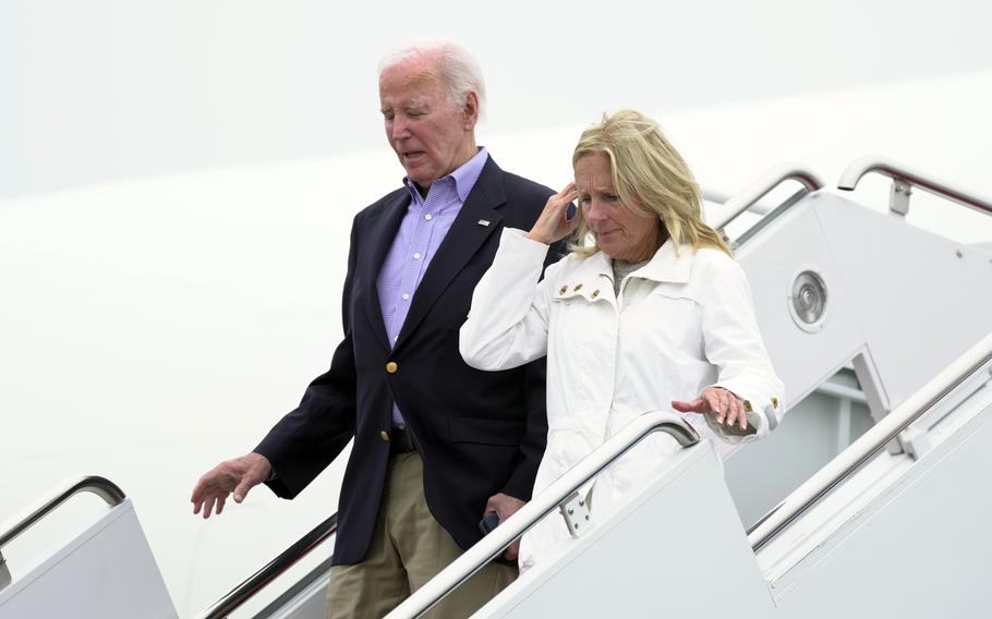 President Joe Biden and first lady Jill Biden arrive on Air Force One at Joint Base Andrews, Md., Sunday, Sept. 29, 2024.