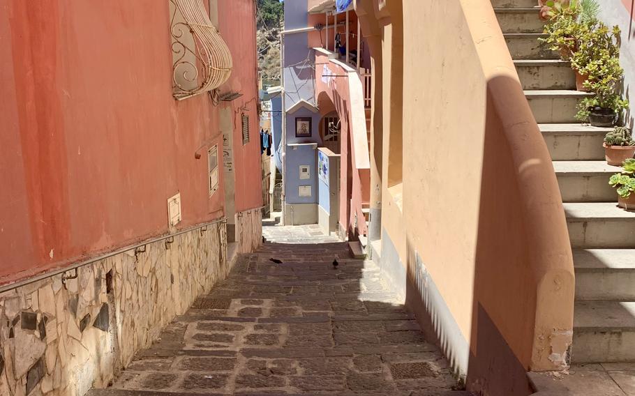 Colorful buildings line the streets in Procida, Italy.