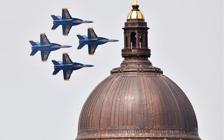 The Blue Angels perform a practice show Tuesday, May 23, 2023, in Annapolis to prepare for the Naval Academy Commissioning Week show. The Navy’s flight demonstration squadron will return for this year’s Commissioning Week.