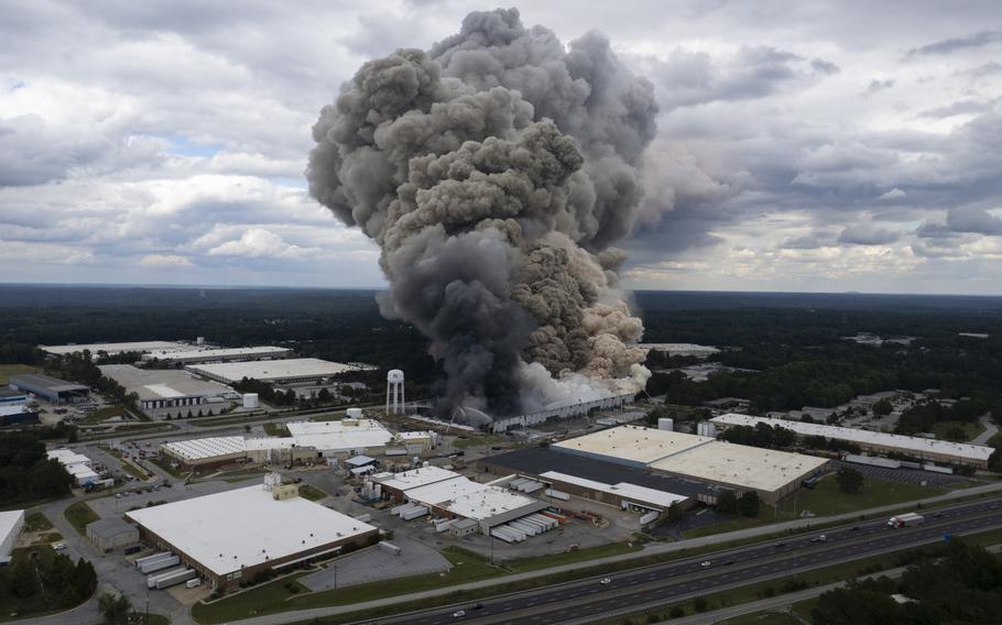 Smoke billows from a fire at the BioLab facility in Conyers, Ga., Sunday, Sept. 29, 2024.