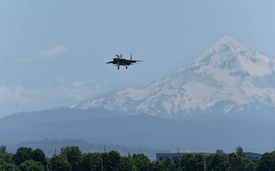 A combat-ready F-15EX Eagle II prepares to land June 5, 2024, at Portland Air National Guard Base, making the 142nd Wing the first operational unit in the Air Force to field the strike fighter. 