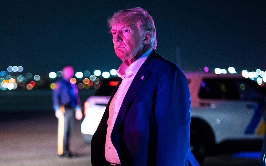 Former president Donald Trump arrives at Newark Liberty International Airport on June 10 after speaking at Republican conventions in Georgia and North Carolina.