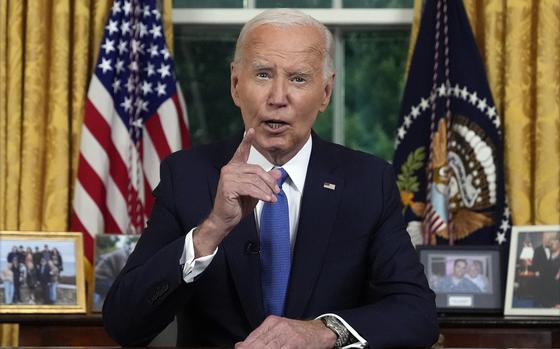 Joe Biden addresses the nation from the Oval Office of the White House in Washington on July 24, 2024.