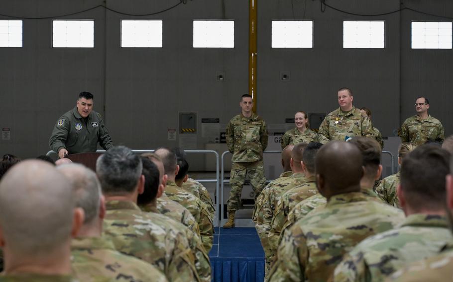 U.S. Air Force Col. Joseph “20 Grit” Contino, (left) Commander of the 914th Air Refueling Wing, speaks to the 914th Maintenance Squadron 