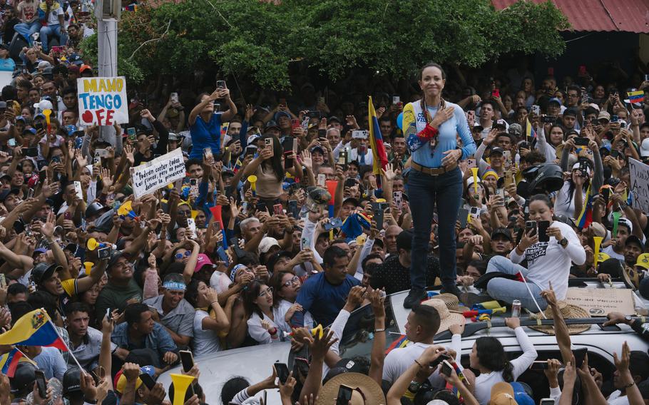 Venezuelan opposition leader María Corina Machado at a rally in Guanare.