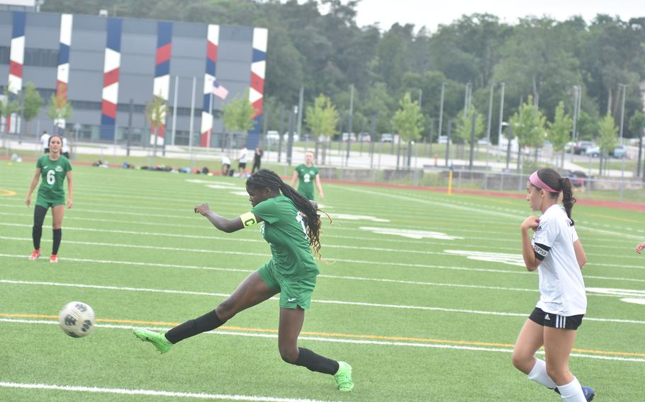 Naples sophomore VaNae Filer takes a shot on goal against Vicenza in the championship game of the DODEA-Europe Division II girls soccer tournament Thursday, May 23, 2024 at Ramstein Air Base, Germany.