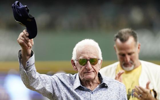 FILE - Milwaukee Brewers radio announcer Bob Uecker tips his cap before a baseball game between the Milwaukee Brewers and the Miami Marlins,, July 28, 2024, in Milwaukee. (AP Photo/Aaron Gash)